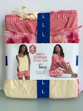 Felina 4 Piece Cotton Sleep Set Yellow Pink White Pajama Set NWT Size L